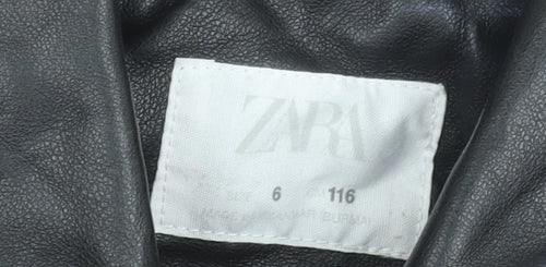 Zara Girls Black Faux Leather Biker Jacket 6 Years Lined Zip Pockets