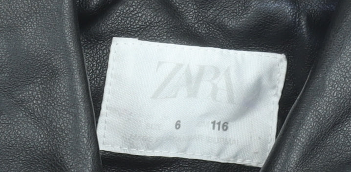 Zara Girls Black Faux Leather Biker Jacket 6 Years Lined Zip Pockets