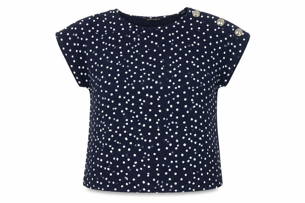 Front view of Dunnes Women Blue Polka Dot Short Sleeve Button Shoulder Blouse, size L