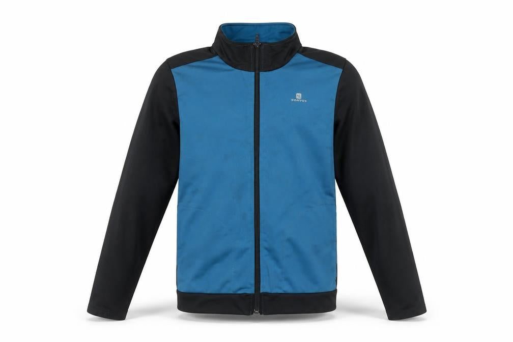 Front view of Domyos boys’ blue track jacket 12 years full zip lightweight activewear
