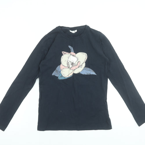 Name It Girls Black Long Sleeve Cotton T-Shirt 11-12 Years Floral Graphic