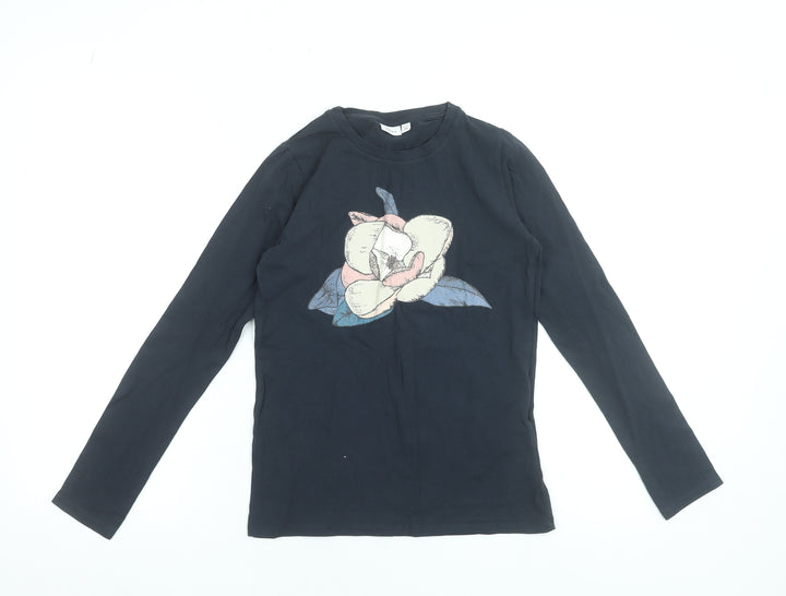 Name It Girls Black Long Sleeve Cotton T-Shirt 11-12 Years Floral Graphic