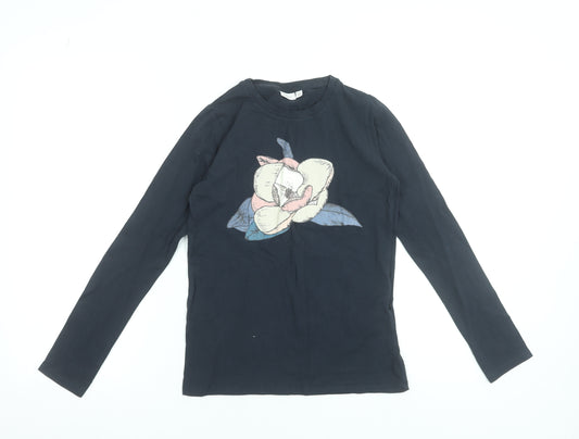 Name It Girls Black Long Sleeve Cotton T-Shirt 11-12 Years Floral Graphic