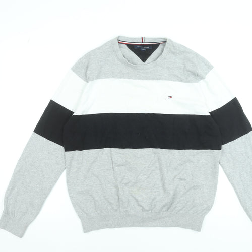 Tommy Hilfiger Men’s Grey Striped Cotton Crew Neck Jumper L