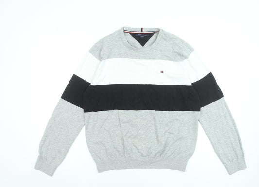 Tommy Hilfiger Men’s Grey Striped Cotton Crew Neck Jumper L