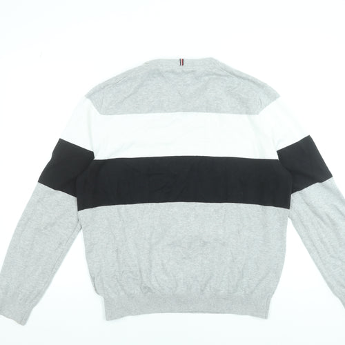 Tommy Hilfiger Men’s Grey Striped Cotton Crew Neck Jumper L