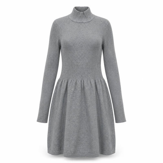 Front view of Primark Women’s Grey High Neck Fit & Flare Knit Dress XS