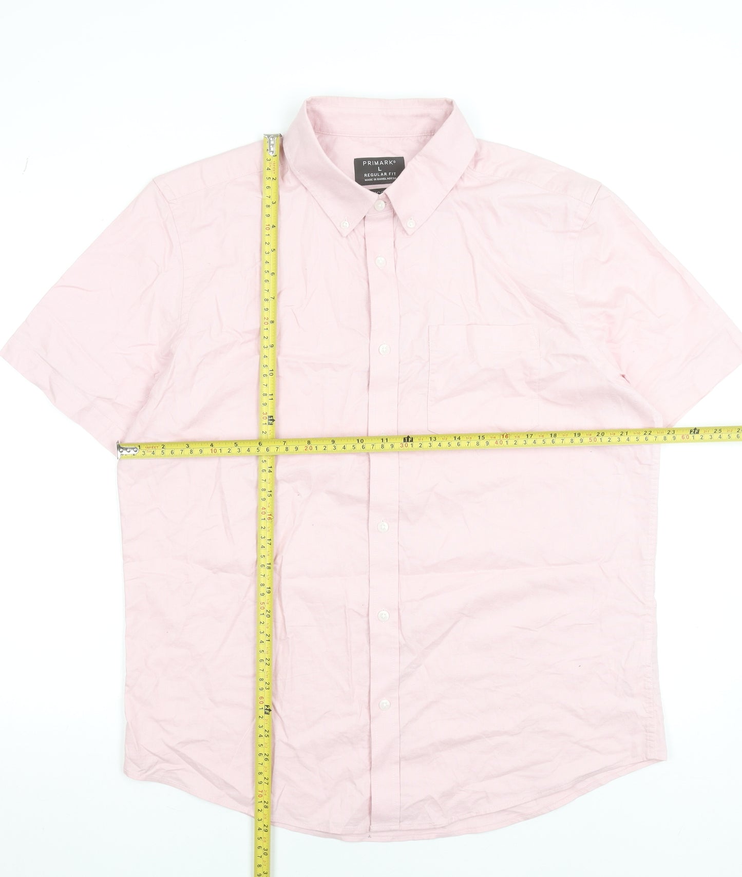 Primark Men’s Pink Cotton Regular Fit Short Sleeve Button-Up Shirt L