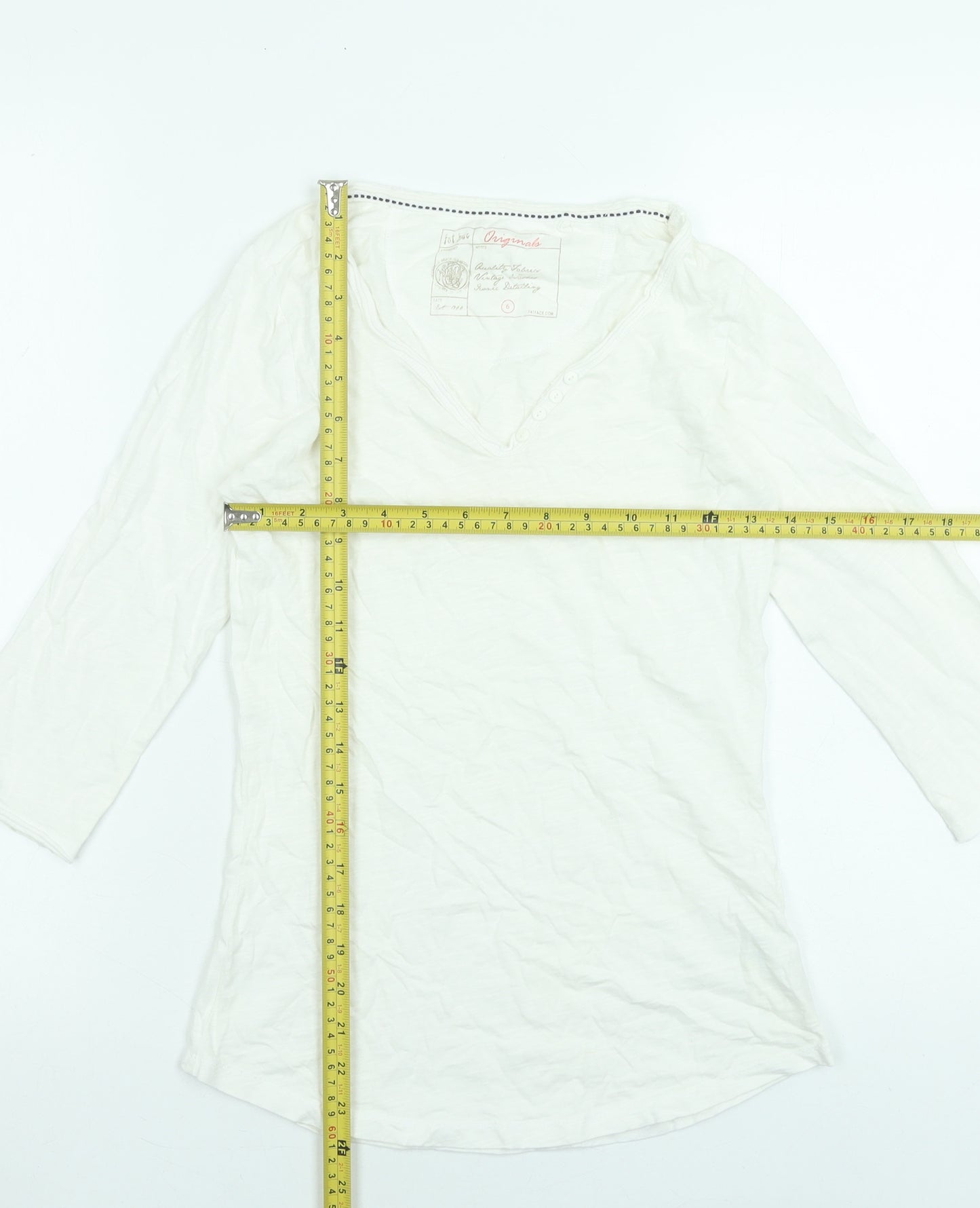 Fat Face Women’s White V-Neck 3/4 Sleeve Cotton T-Shirt Size 6