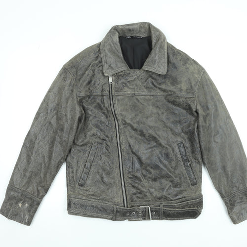 Zara Women Grey Leather Biker Jacket Size S Belted Zip Style