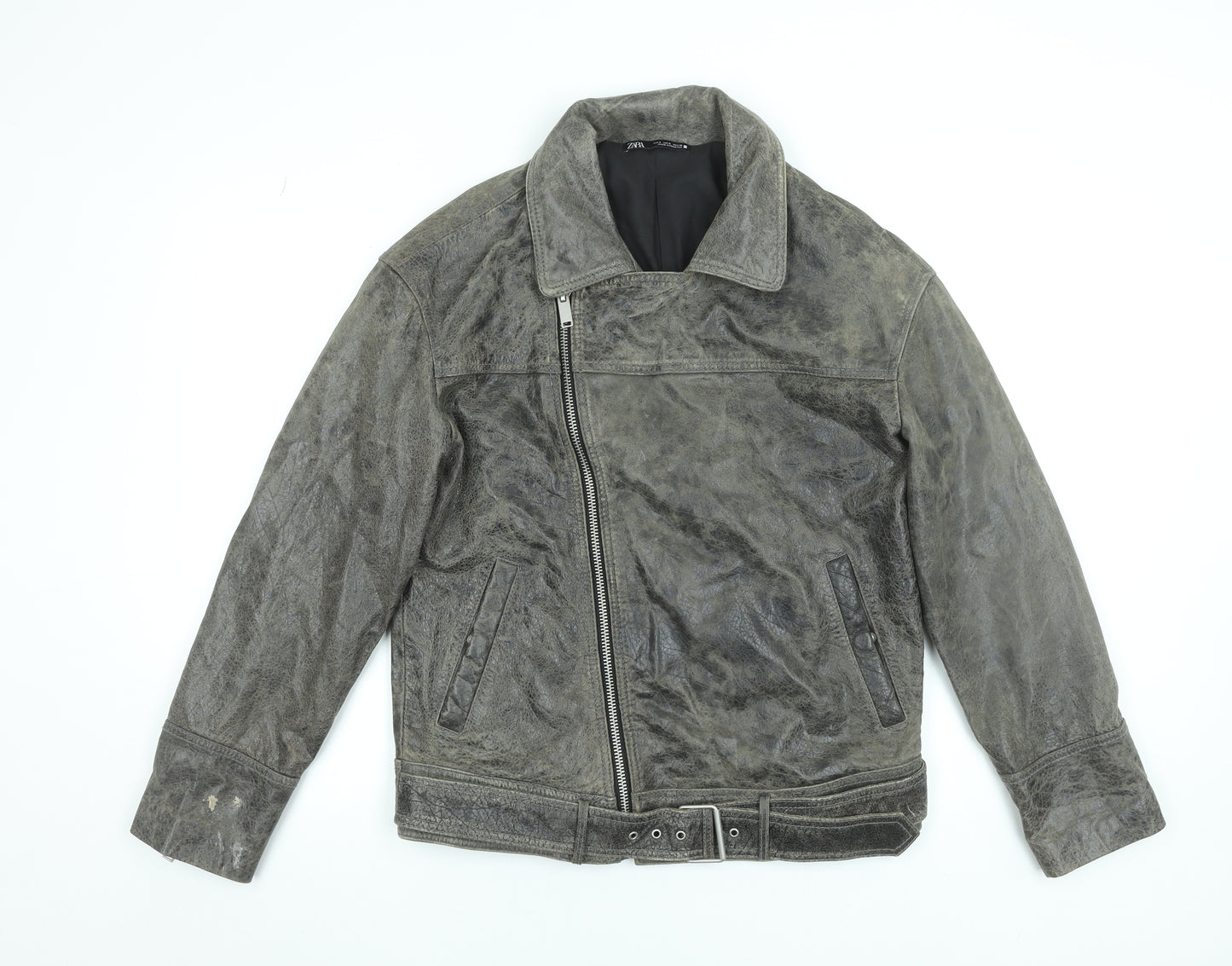 Zara Women Grey Leather Biker Jacket Size S Belted Zip Style