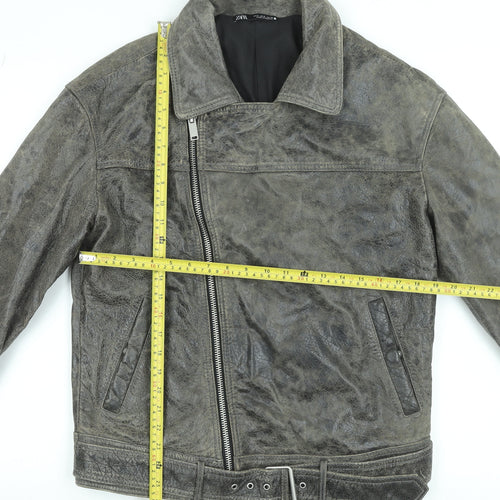 Zara Women Grey Leather Biker Jacket Size S Belted Zip Style