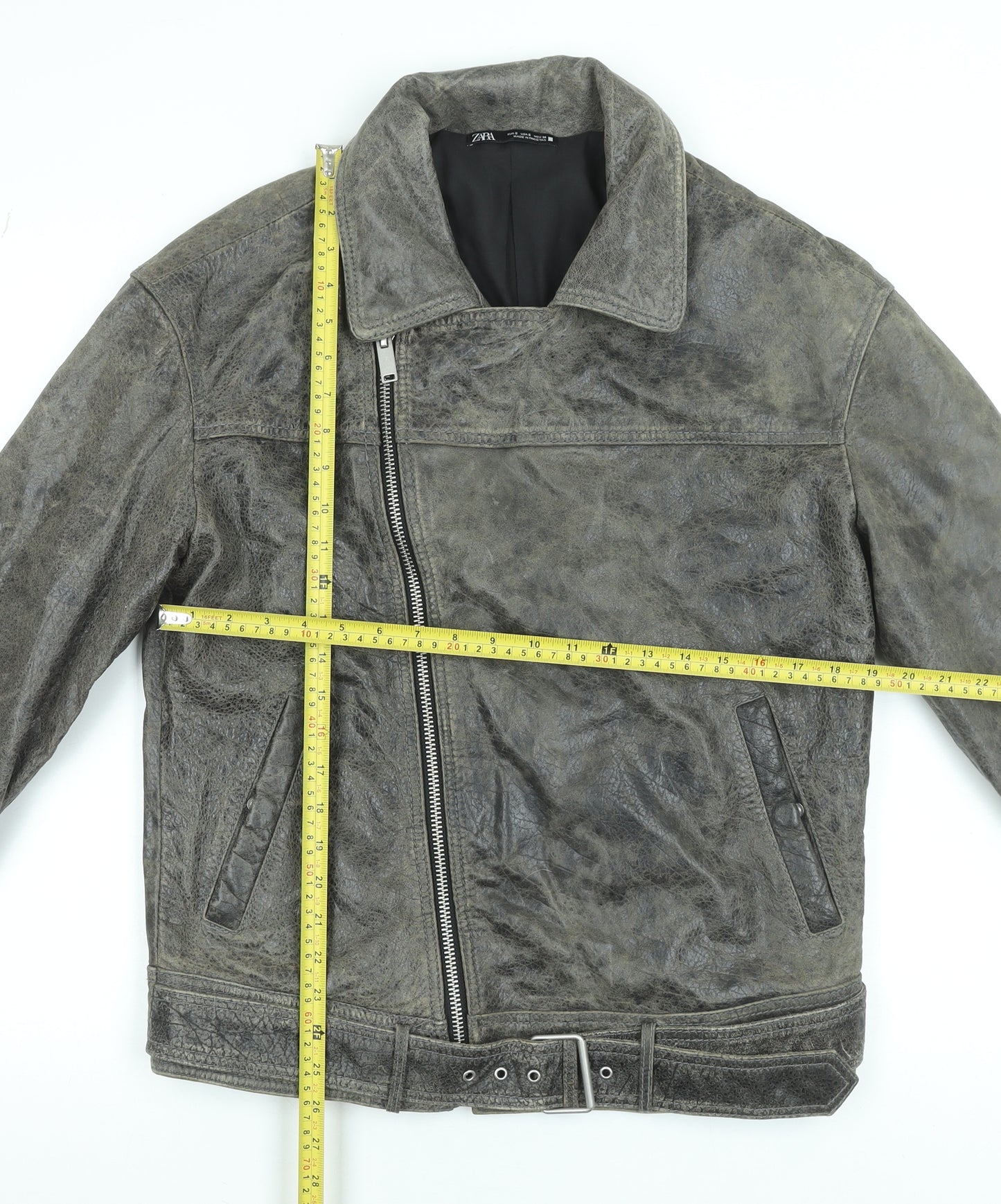 Zara Women Grey Leather Biker Jacket Size S Belted Zip Style