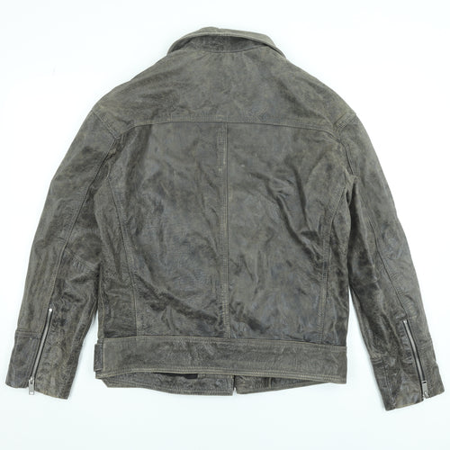 Zara Women Grey Leather Biker Jacket Size S Belted Zip Style