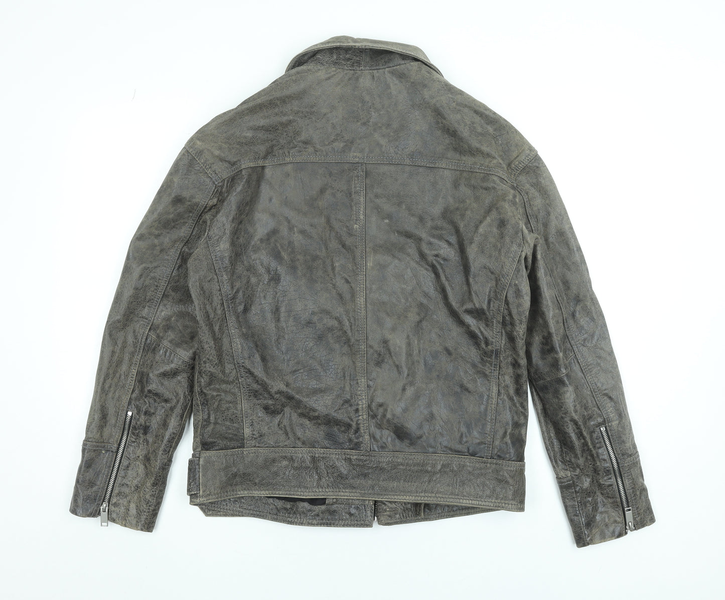 Zara Women Grey Leather Biker Jacket Size S Belted Zip Style