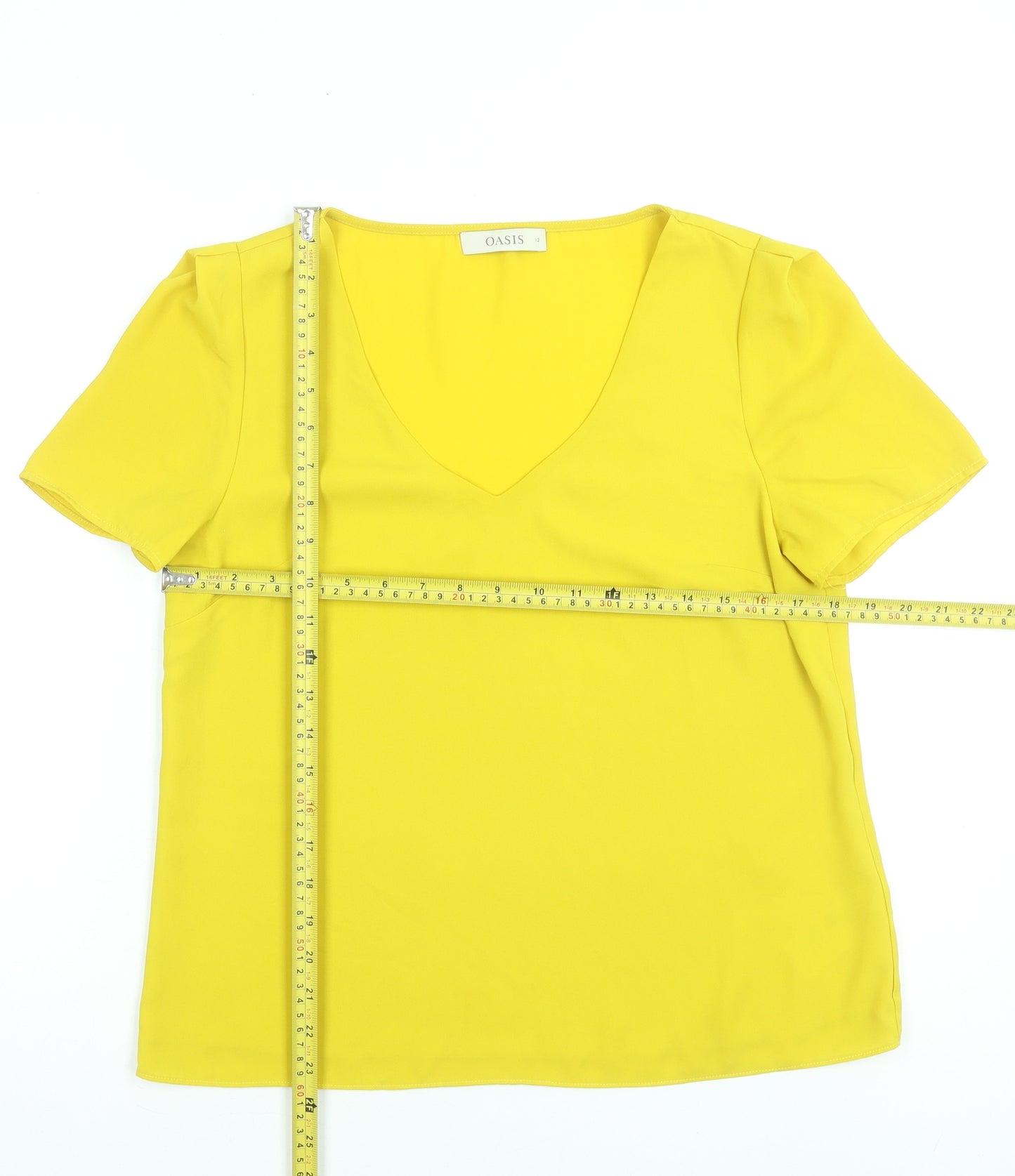 Oasis Women Yellow V-Neck Short Sleeve Polyester Blouse UK 12
