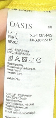 Oasis Women Yellow V-Neck Short Sleeve Polyester Blouse UK 12