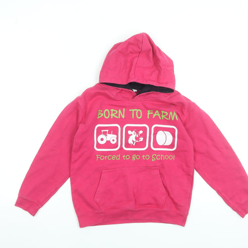 AWDis Girls Pink Pullover Hoodie 7-8 Years Born to Farm Graphic Sweatshirt