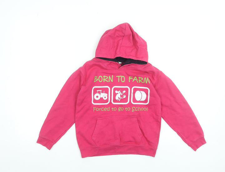 AWDis Girls Pink Pullover Hoodie 7-8 Years Born to Farm Graphic Sweatshirt