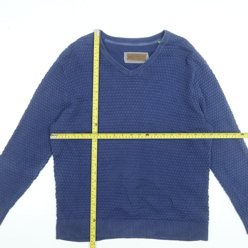 Trial Men Blue Cotton V-Neck Waffle Knit Pullover Jumper XL