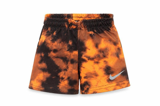 Front view of Nike boys’ orange black tie-dye athletic shorts, size 4, years