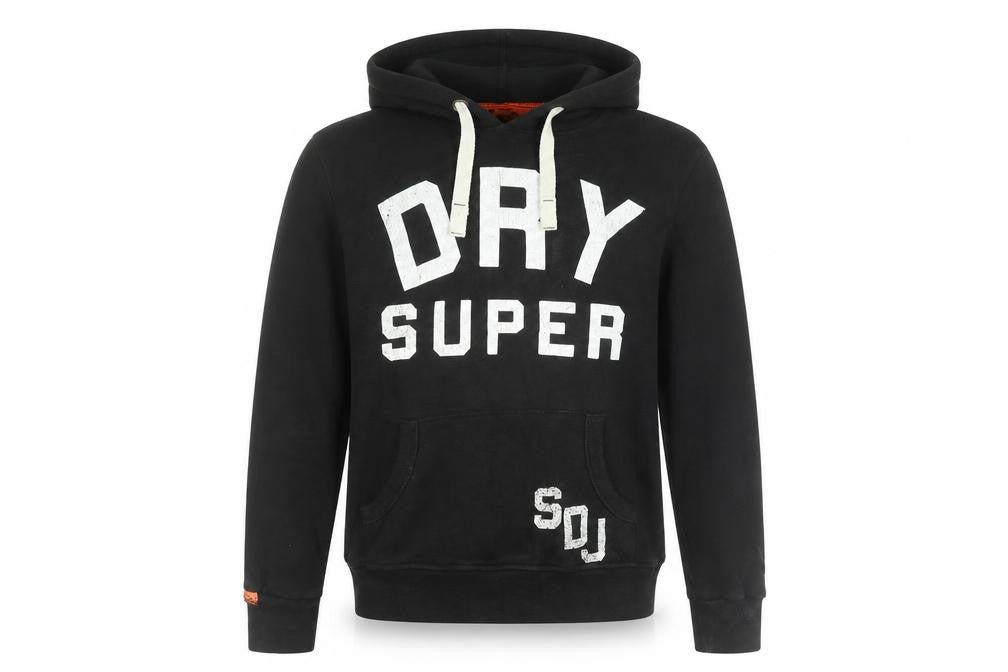 Front view of Superdry Men's Black Pullover Hoodie Small Graphic Print Fleece