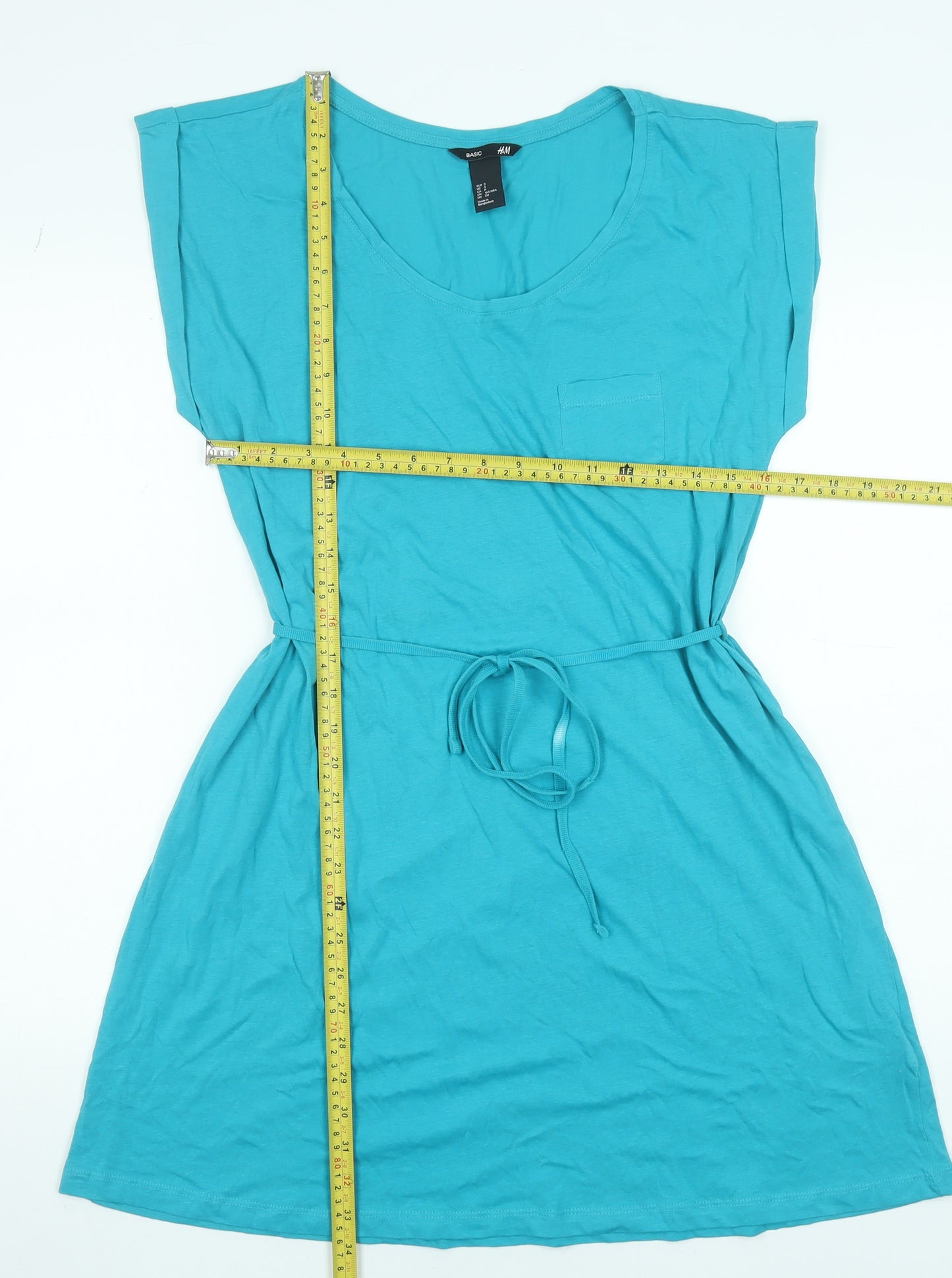 H&M Women’s Blue T-Shirt Dress Size S Short Sleeveless Belted Casual