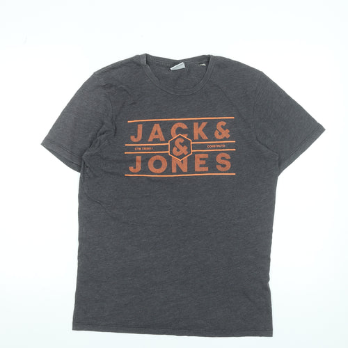 Jack & Jones Men’s Grey Graphic Logo Crew Neck T-Shirt Size M