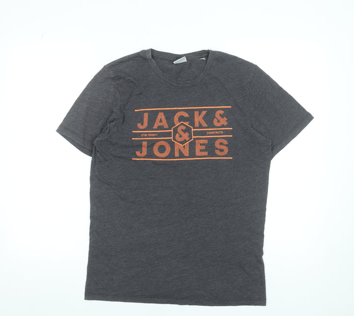 Jack & Jones Men’s Grey Graphic Logo Crew Neck T-Shirt Size M