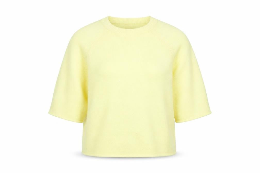 Front view of Gallery Women’s Yellow Crew Neck 3/4 Sleeve jumper, size UK 10