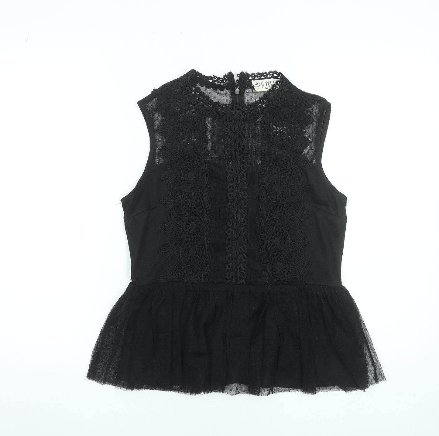 Lily Mcbee Women's Black Lace High Neck Sleeveless Camisole Blouse M