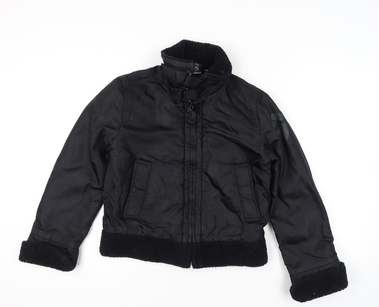 Diesel Womens Black Bomber Jacket Size S Nylon Lined Zip Casual