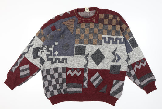 Vintage Men's Multicoloured Wool Blend Retro Geometric Knit Jumper XL