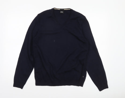BOSS Men's Blue XL V-Neck Cotton Jumper Knit Pullover