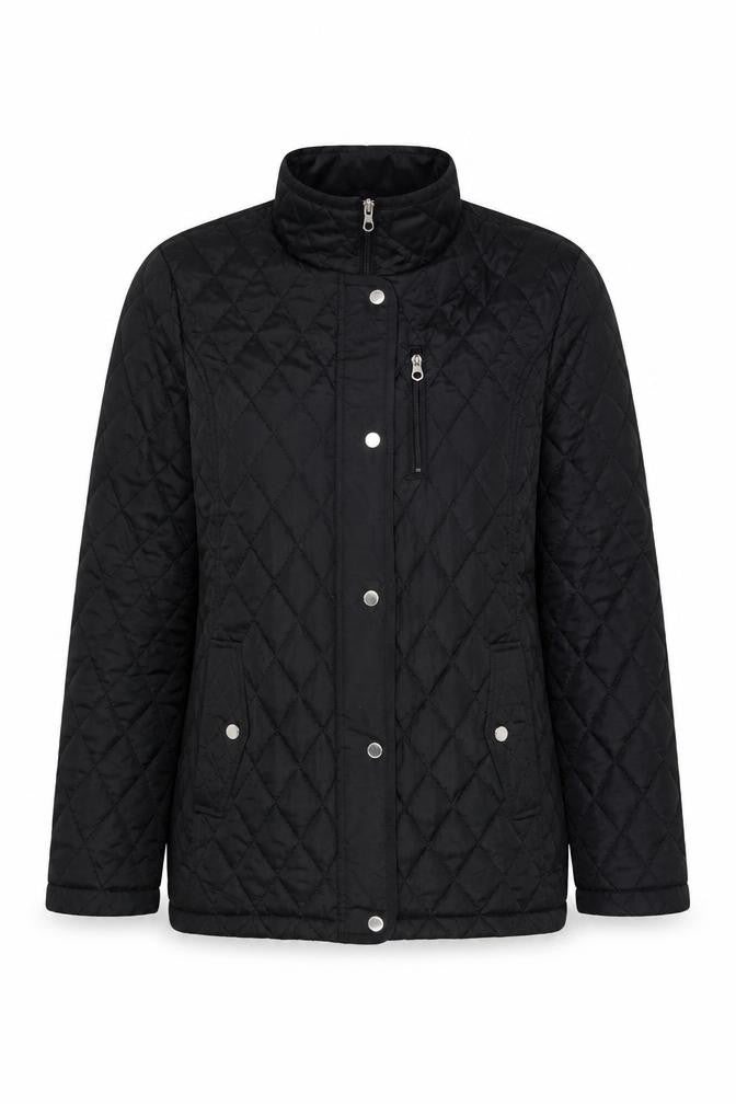 Front view of Nautica women’s black quilted mid-length jacket xl