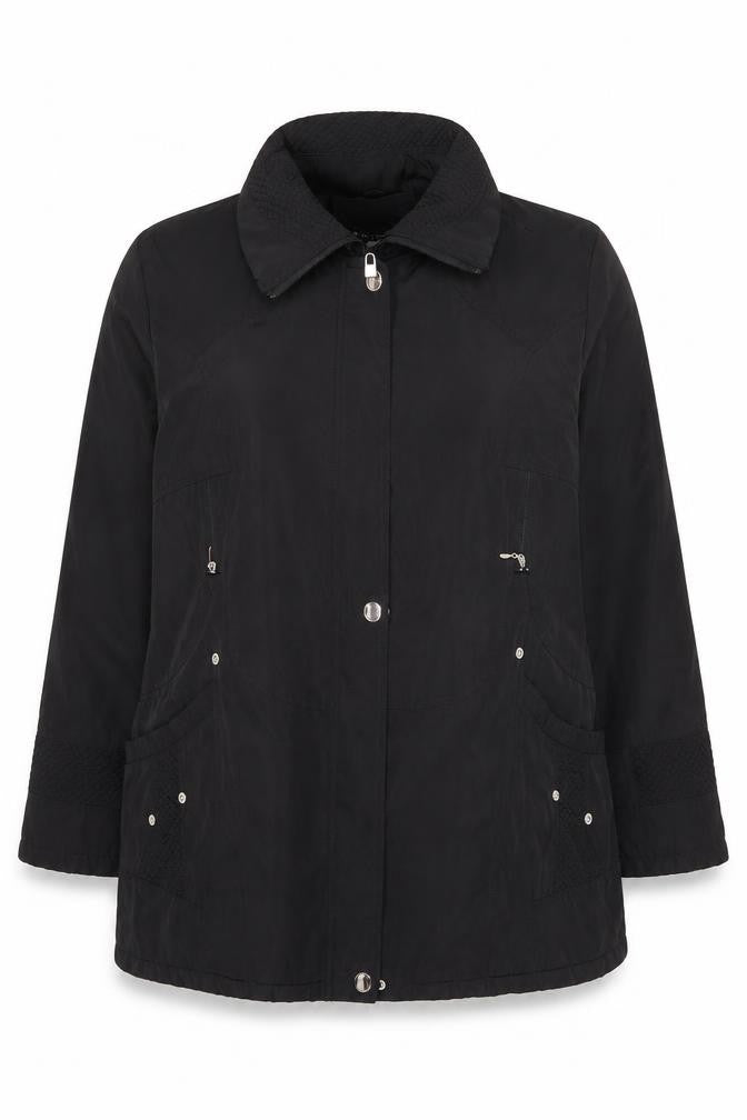 Front view of Saturne Women’s Black Mid-Length Zip Jacket, size UK 16, Polyester Lined