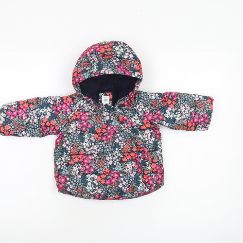 Baby GAP Girls Blue Floral Puffer Jacket Hooded 6-12 Months Winter Coat