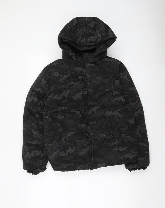 John Lewis Boys Black Camouflage Puffer Jacket 11-12 Years Hooded Winter Coat