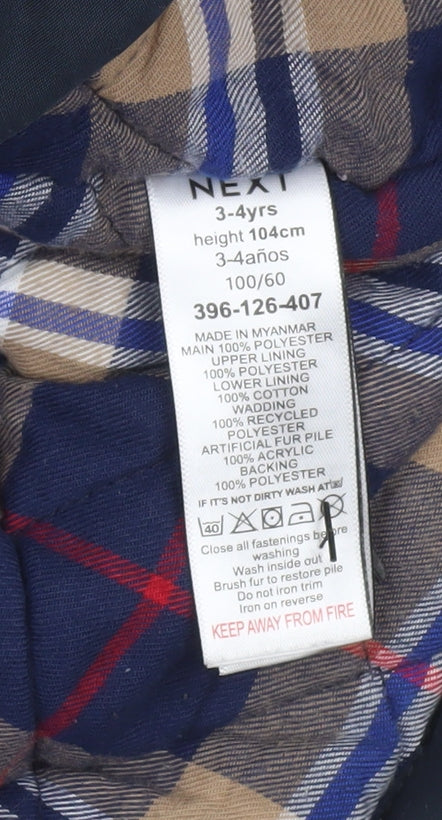 Next Boys Blue Faux Fur Lined Hooded Parka Coat 3-4 Years