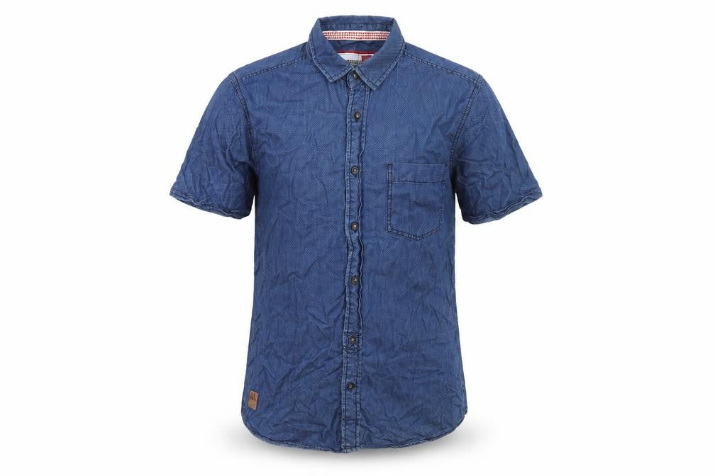 Front view of CENTERED Men's Blue Cotton Short Sleeve Button-Up Casual Shirt, size S