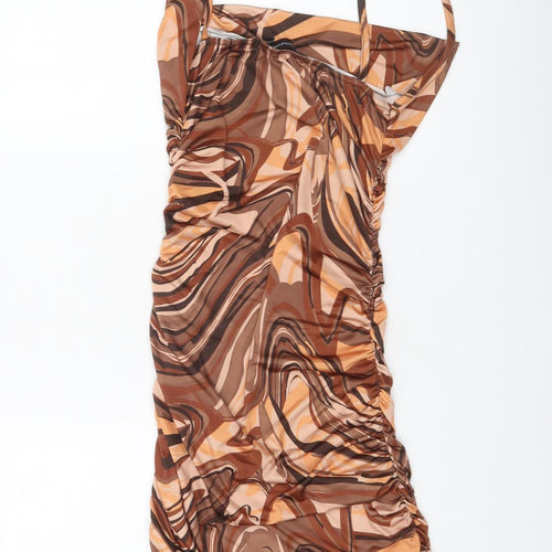 PrettyLittleThing Women’s Brown Geometric Ruched Bodycon Dress UK 10