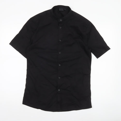 ASOS Men’s Black Slim Fit Short Sleeve Band Collar Button-Up Shirt Medium