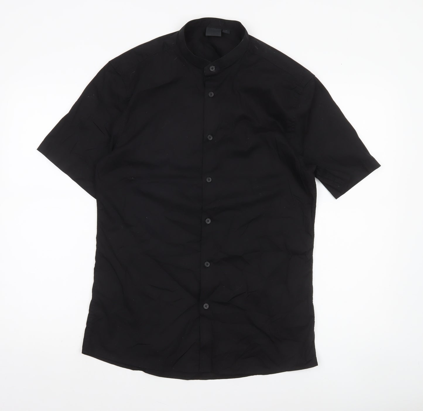 ASOS Men’s Black Slim Fit Short Sleeve Band Collar Button-Up Shirt Medium