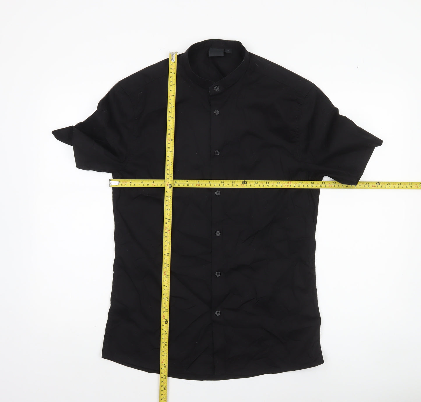 ASOS Men’s Black Slim Fit Short Sleeve Band Collar Button-Up Shirt Medium
