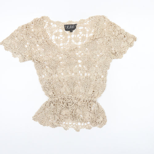 Casamia Women’s Beige Crochet V-Neck Blouse Size S Bohemian Style