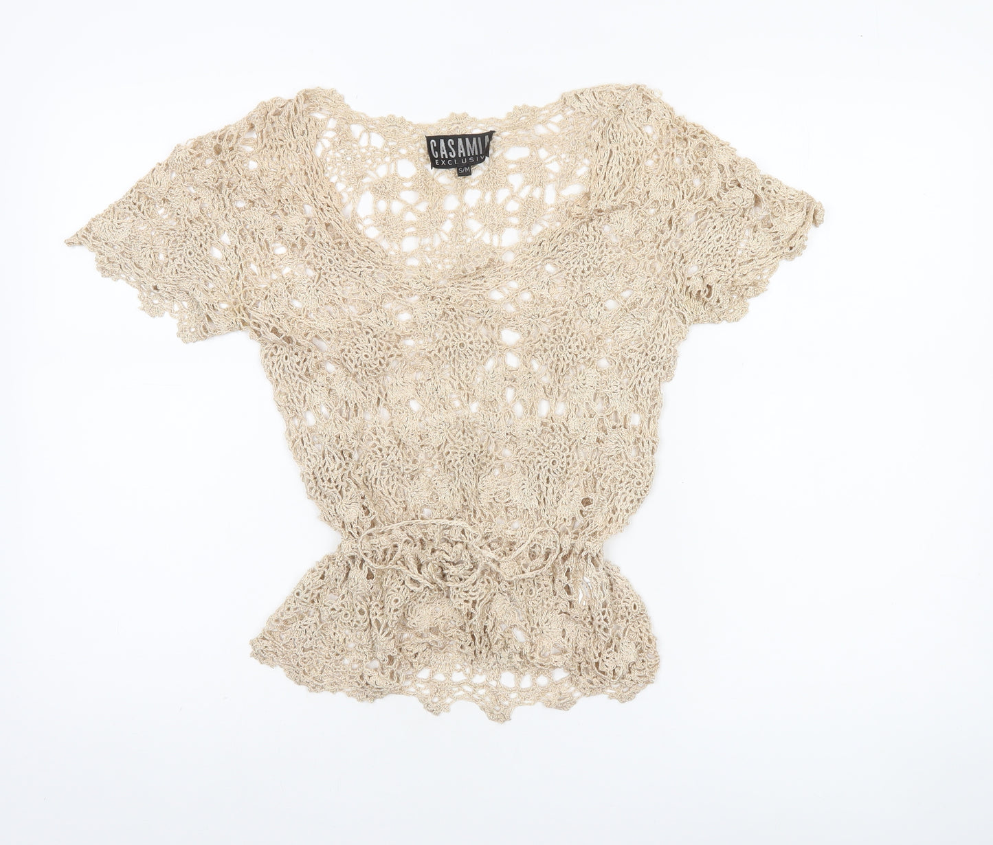 Casamia Women’s Beige Crochet V-Neck Blouse Size S Bohemian Style