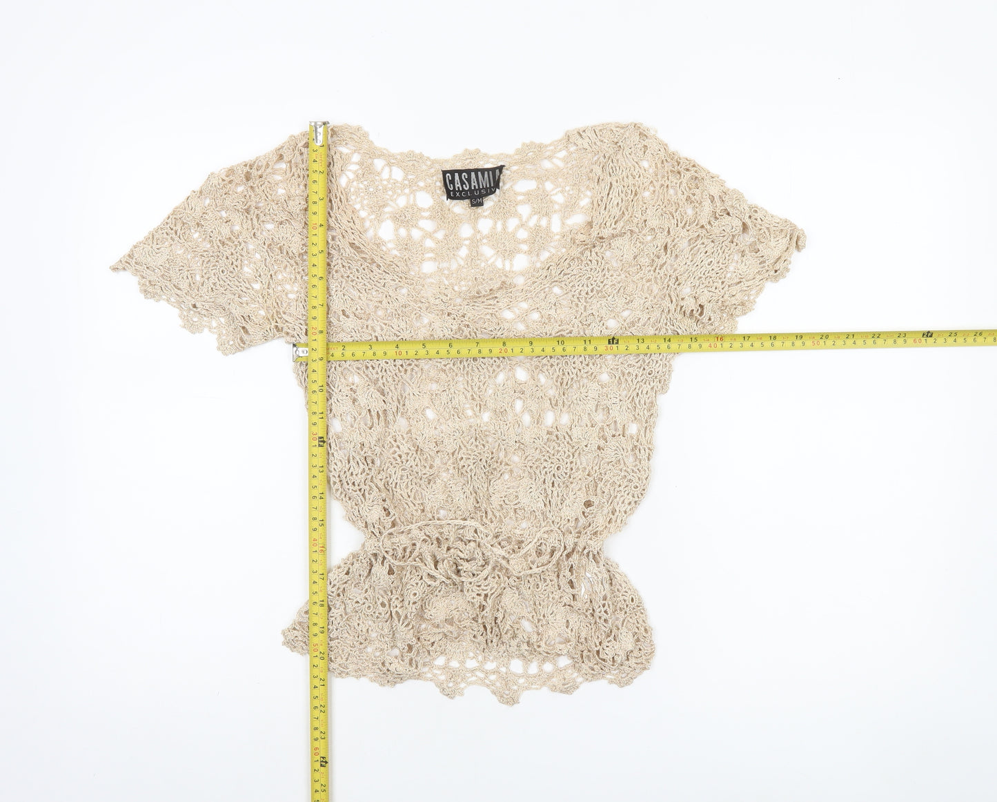 Casamia Women’s Beige Crochet V-Neck Blouse Size S Bohemian Style