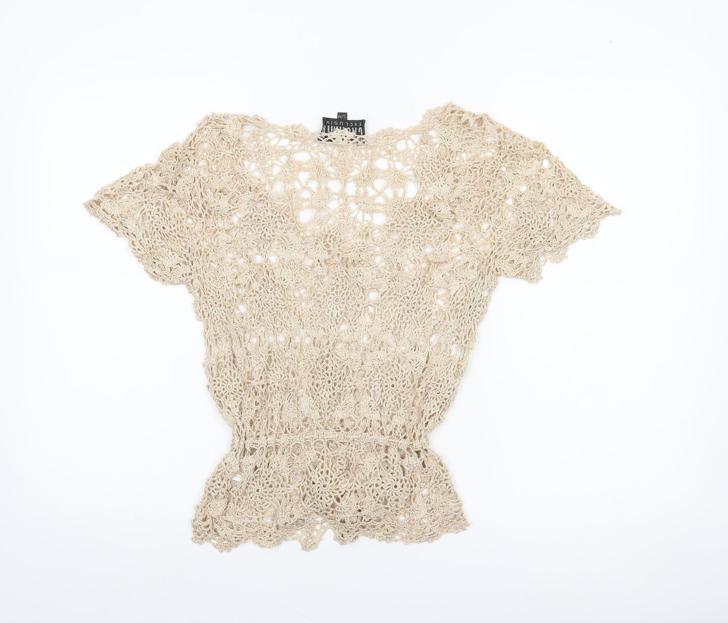Casamia Women’s Beige Crochet V-Neck Blouse Size S Bohemian Style