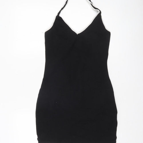 H&M Women Black Halter Bodycon Dress Size 12 Sleeveless Jersey Partywear