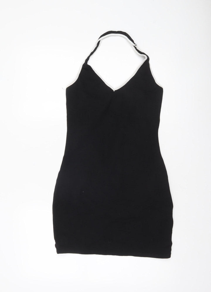 H&M Women Black Halter Bodycon Dress Size 12 Sleeveless Jersey Partywear